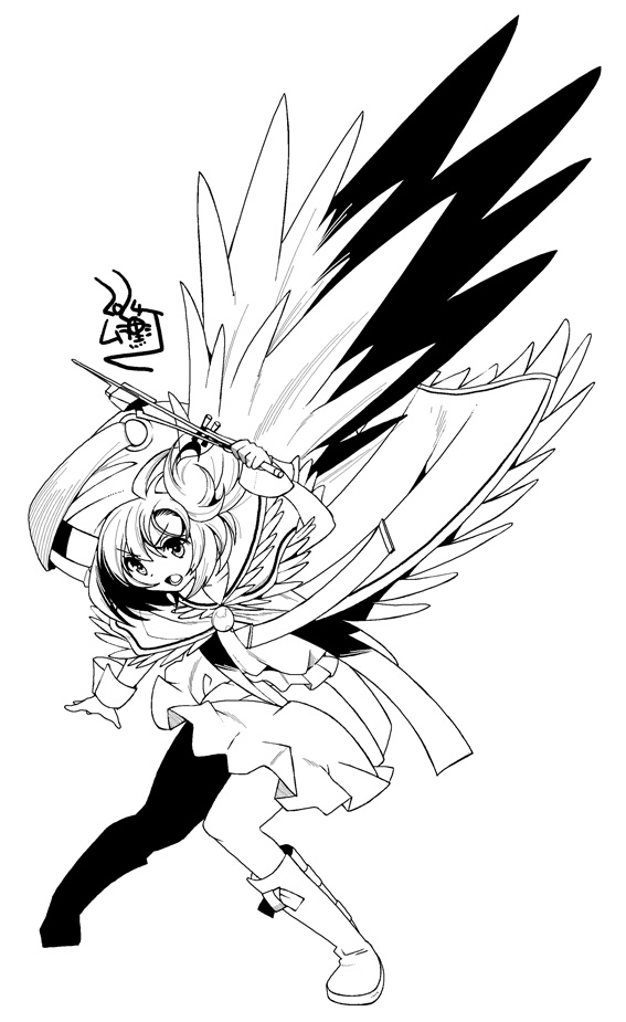 1girl, asako_koito, baton_(weapon), cape, full_body, greyscale, hat_feather, holding_baton_(weapon)