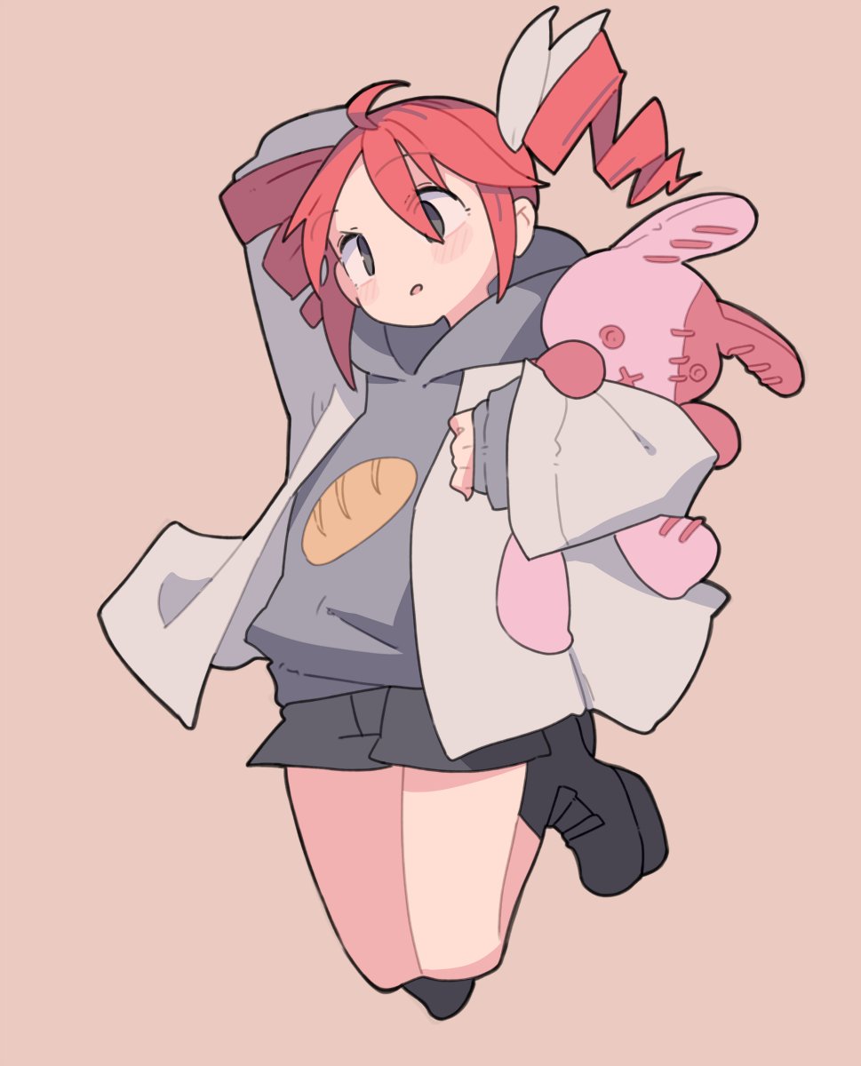 1girl, arm_up, black_boots, black_eyes, black_shorts, boots, drill_hair, grey_hoodie