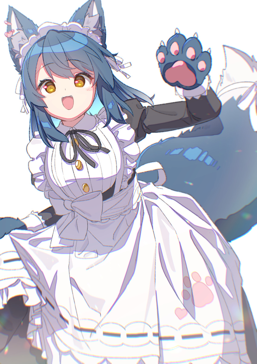 1girl, :d, absurdres, animal_ear_fluff, animal_ears, animal_hands, apron, apron_hold
