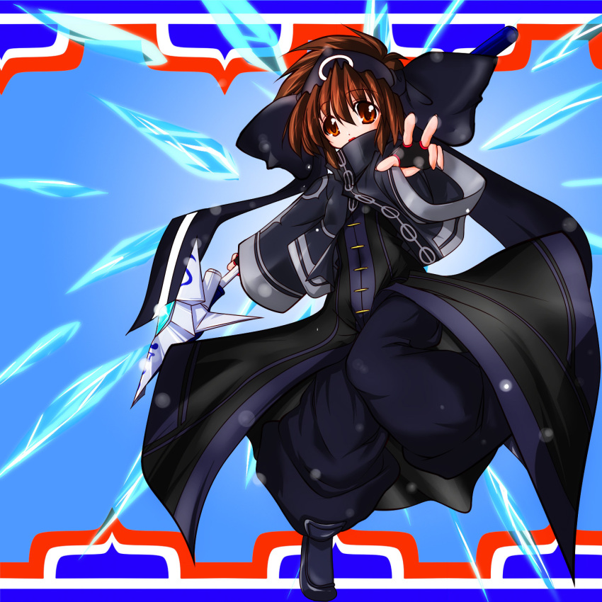 bow, brown_eyes, brown_hair, coat, fingerless_gloves, gloves, hair_ribbon, hairband