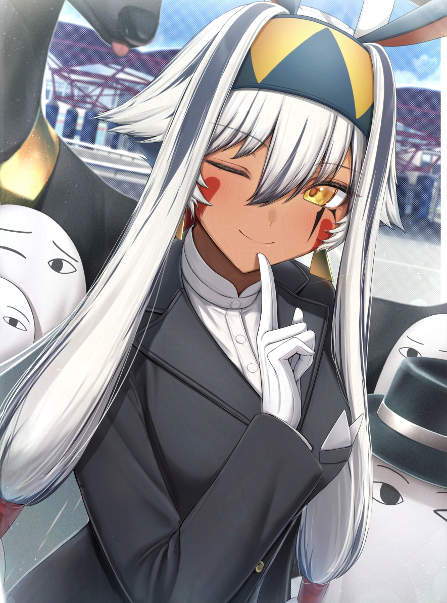 1girl, animal_ears, antenna_hair, anubis_(mythology), black_hair, black_jacket, breasts, colored_inner_hair