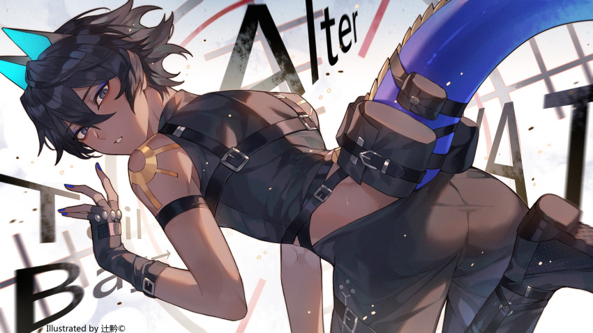 1boy, arjuna_(fate), arjuna_alter_(fate), arm_strap, black_eyes, black_hair, blue_eyeshadow, blue_nails, body_markings, boots, dark-skinned_male, dark_skin, eyeshadow, fate/grand_order, fate_(series), fingerless_gloves, gloves, hair_between_eyes, harness, highres, horns, looking_at_viewer, makeup, male_focus, open_mouth, pants, shirt, short_hair, solo, sqloveraven, tail, tail_pouch