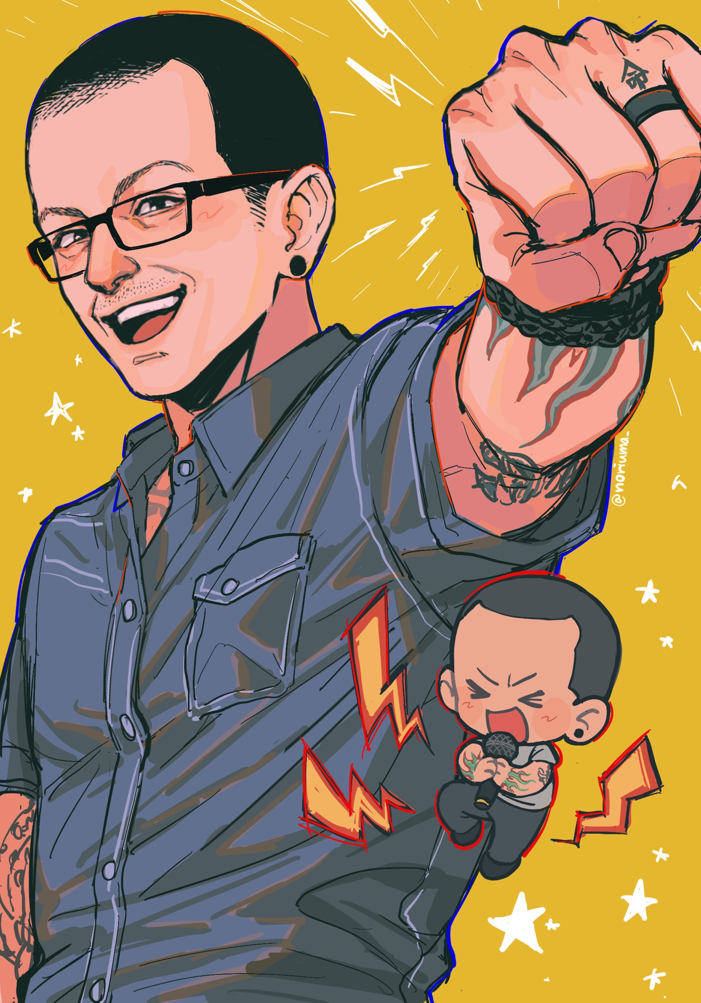 >_<, 1boy, :d, arm_tattoo, black_eyes, black_shirt, buzz_cut, chester_charles_bennington