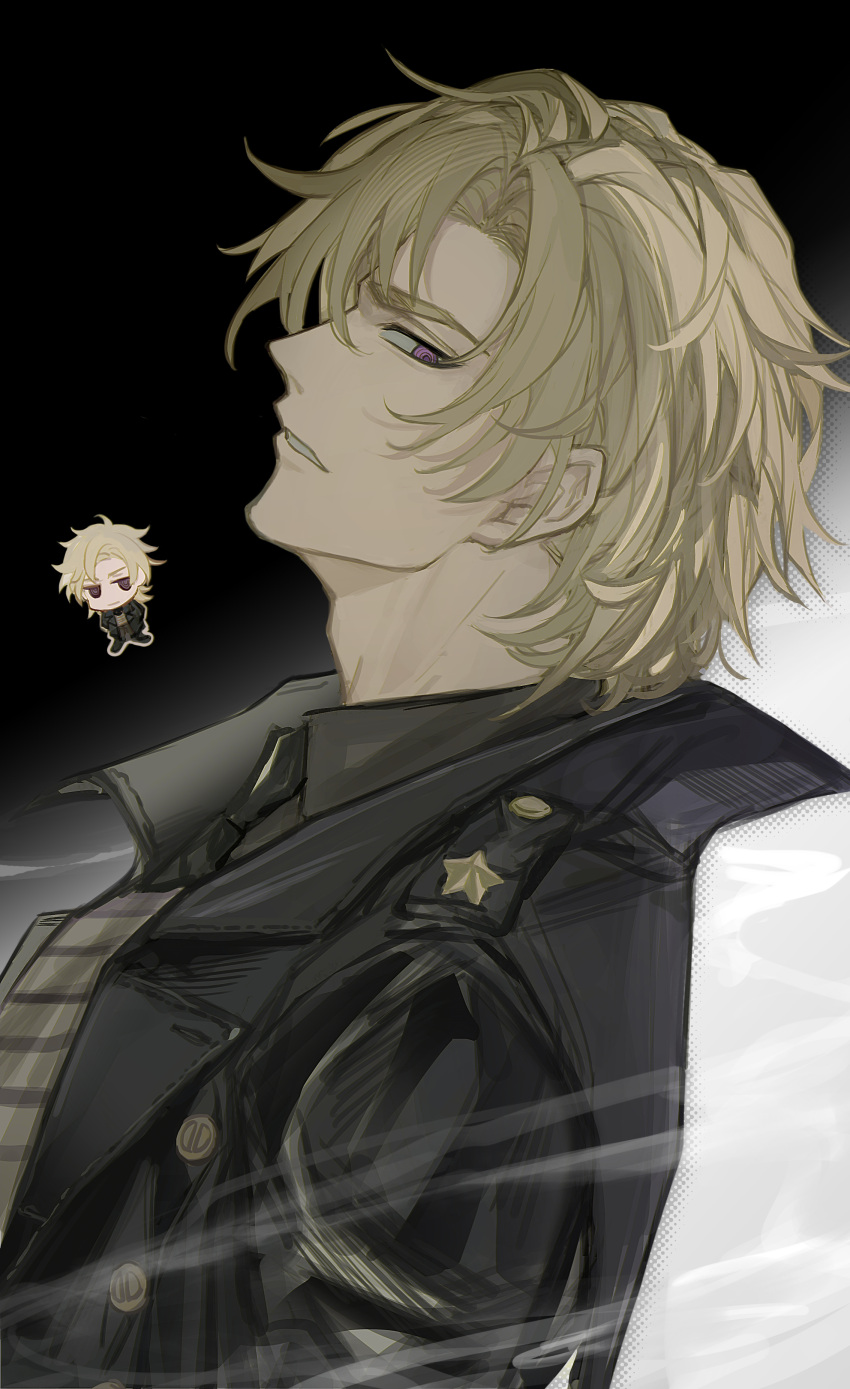 1boy, absurdres, black_background, black_jacket, black_necktie, blonde_hair, chibi, chibi_inset
