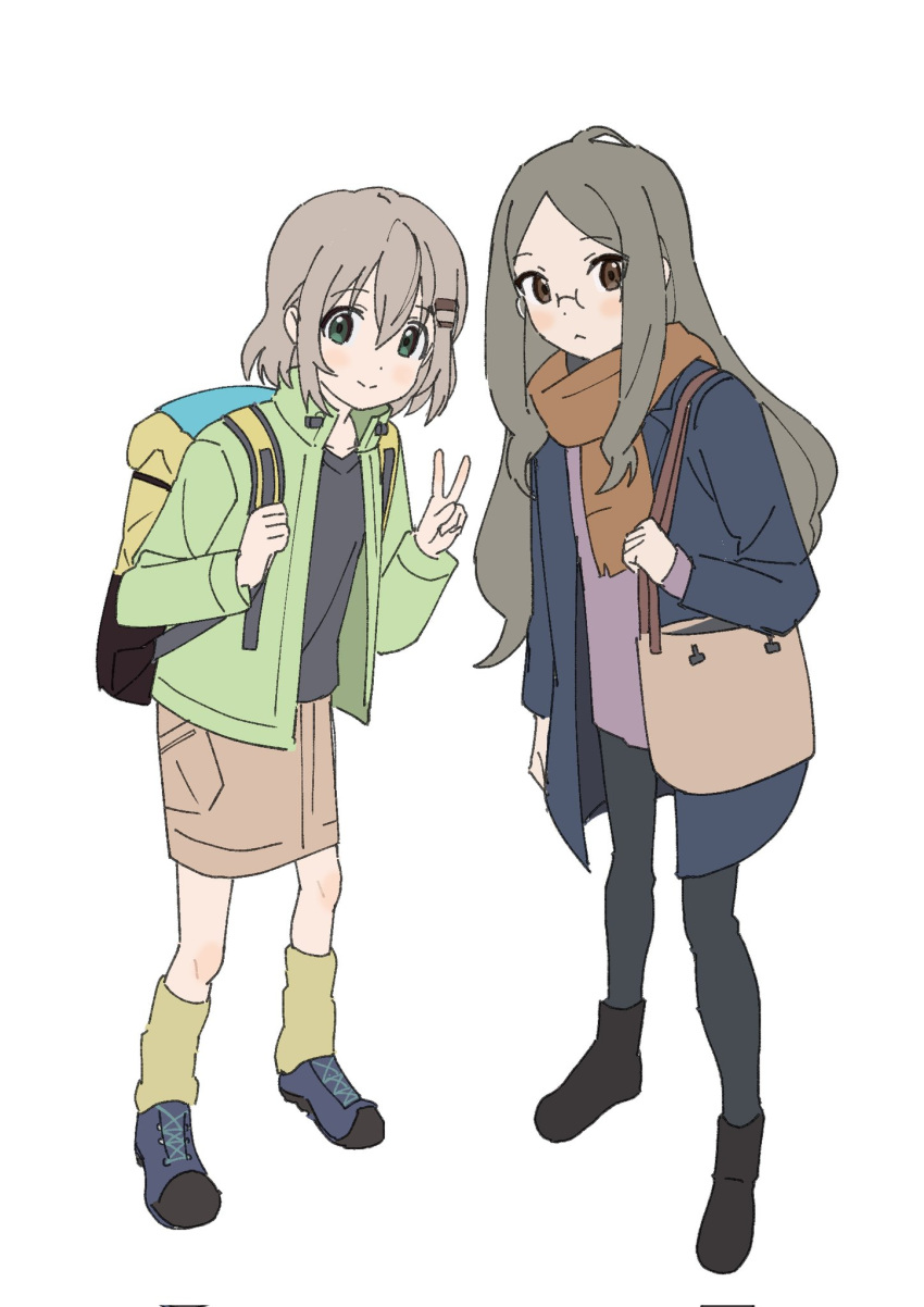 2girls, backpack, bag, black_pantyhose, black_shirt, blue_jacket, blue_shoes, blush