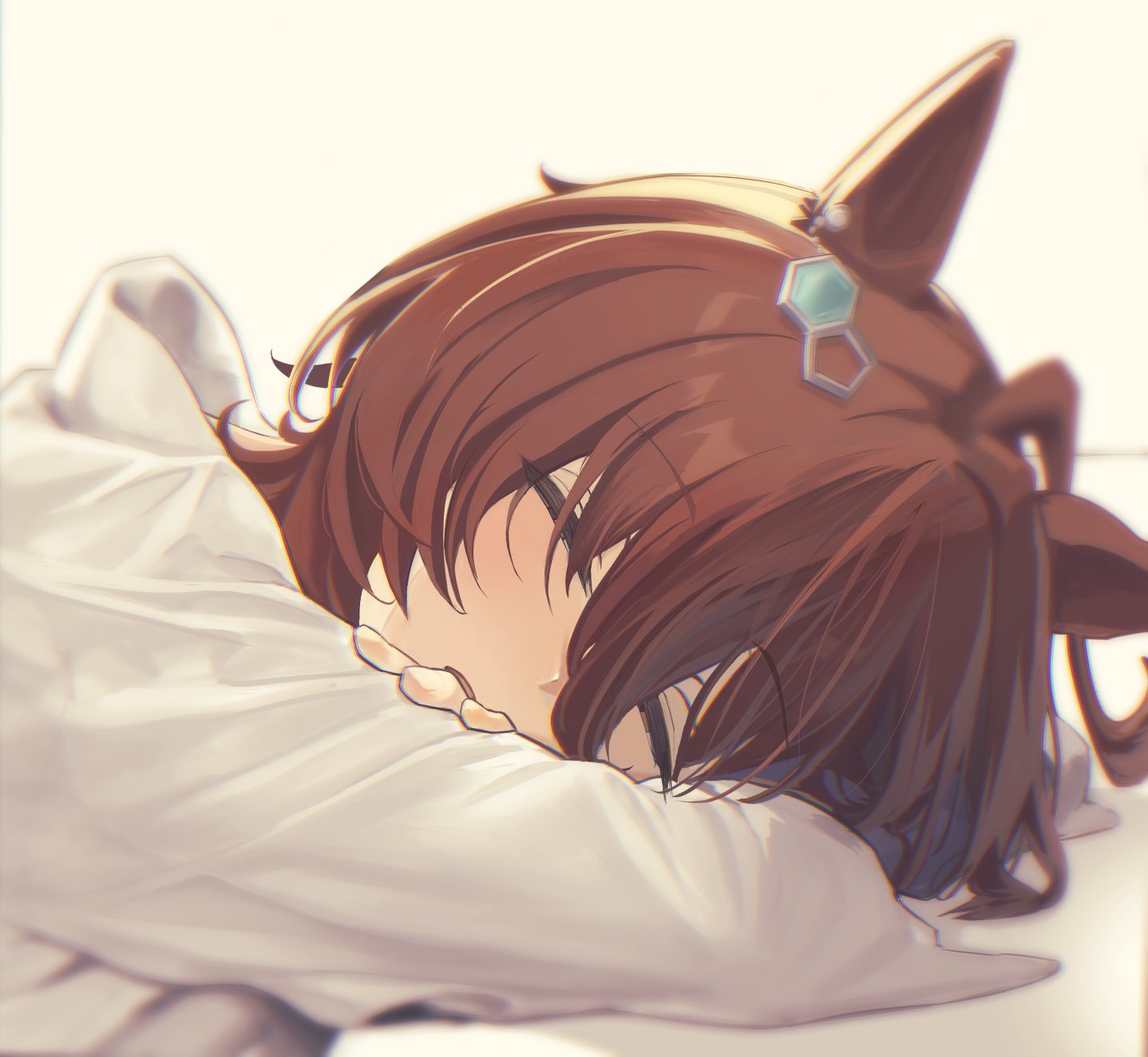 1girl, agnes_tachyon_(umamusume), ahoge, arm_pillow, brown_hair, chemical_structure, closed_eyes, commentary_request