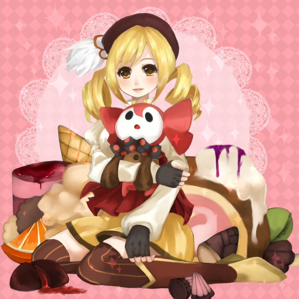 blonde_hair, boots, candy, charlotte_(madoka_magica), corset, detached_sleeves, drill_hair, fingerless_gloves