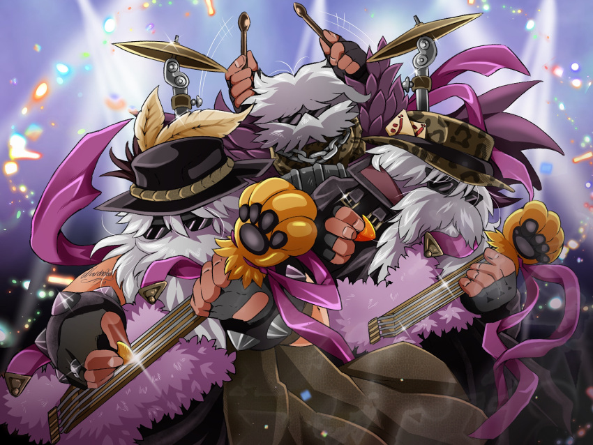 black_gloves, black_hat, chain, cymbals, digimon, digimon_(creature), drum, drum_set