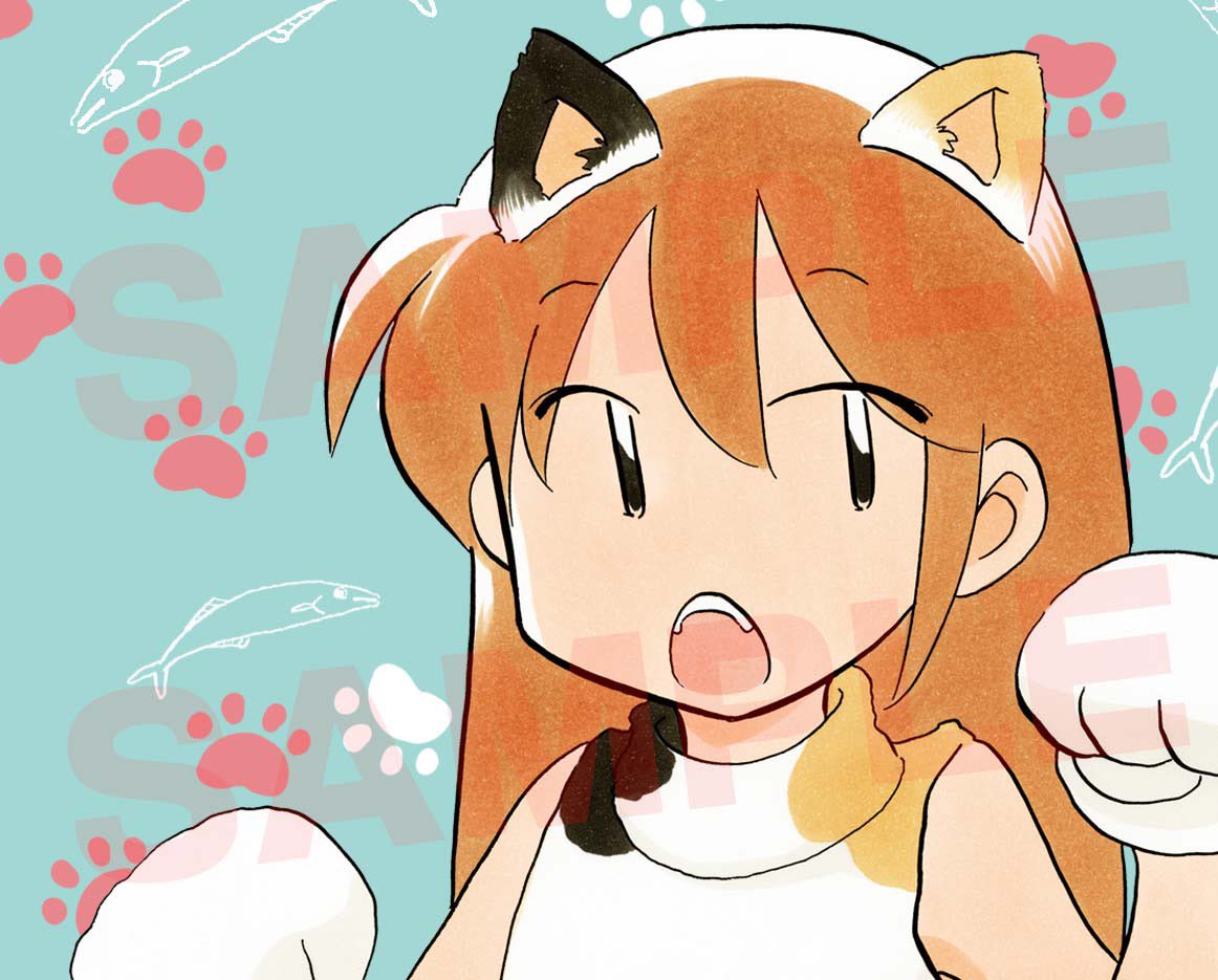 1girl, animal_ears, animal_hands, aqua_background, bare_shoulders, black_eyes, brown_hair, calico_(pattern)
