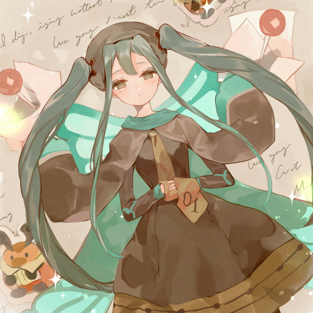 1girl, 1other, brown_dress, brown_eyes, brown_hat, bug_miku_(project_voltage), closed_mouth, dan_ji
