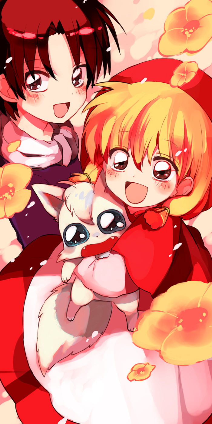 :d, :p, blonde_hair, blue_eyes, blush, brown_eyes, brown_hair, chacha