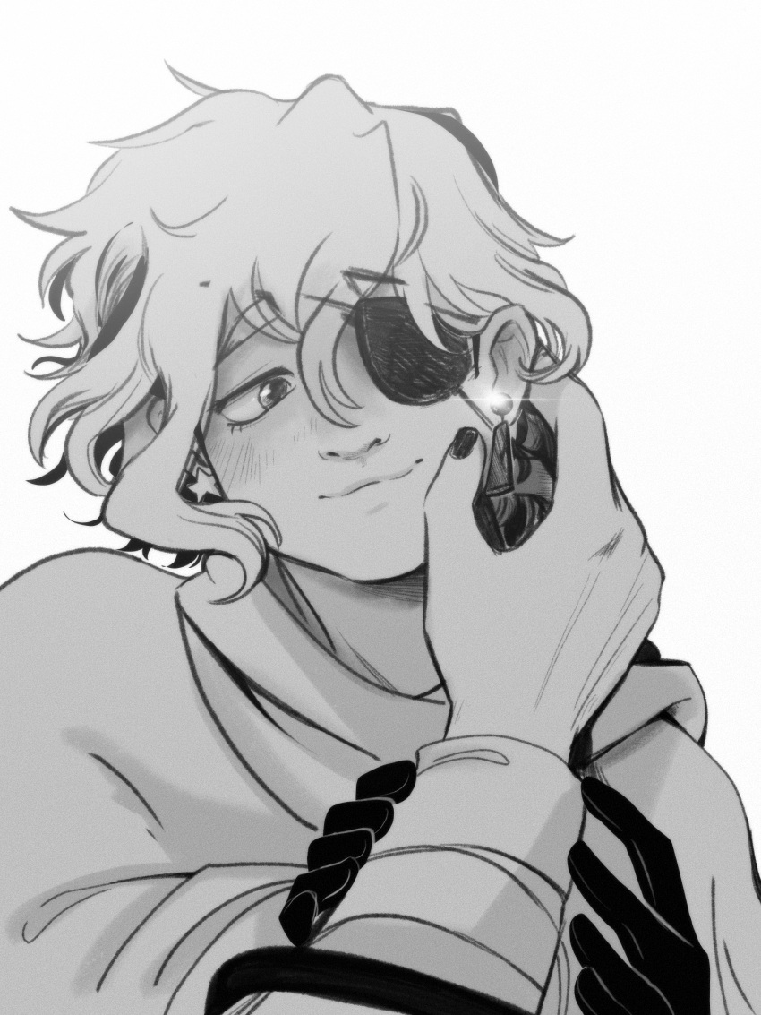 1other, blush, closed_mouth, earrings, english_commentary, eyepatch, gloves, greyscale