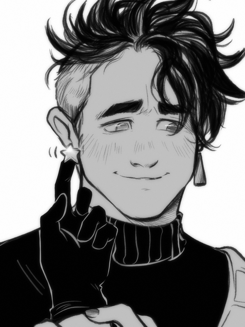1boy, blush, closed_mouth, earrings, english_commentary, gloves, greyscale, hand_on_another's_ear