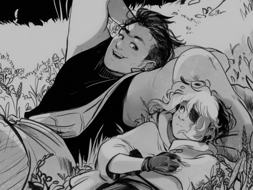 1boy, 1other, arms_behind_head, blush, closed_mouth, clutching_chest, earrings, english_commentary