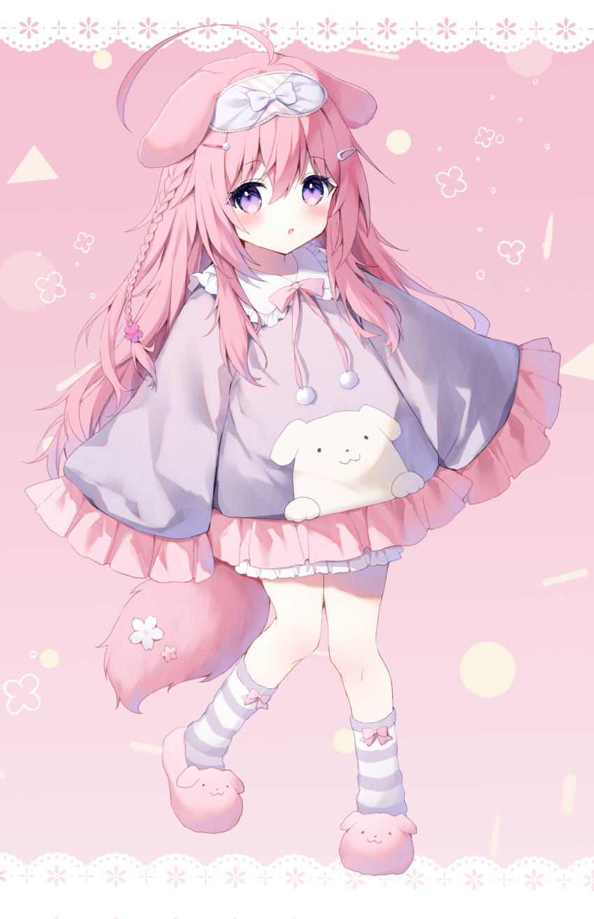 1girl, ahoge, animal_ears, bloomers, braid, commission, dog_ears, dog_girl, dog_tail, eye_mask, full_body, highres, indie_virtual_youtuber, long_hair, matsusaka_gyuu, pink_eyes, pink_hair, pink_slippers, purple_shirt, shirt, skeb_commission, sleeves_past_wrists, slippers, socks, solo, striped_clothes, striped_socks, tail, usaki_nono, virtual_youtuber, white_bloomers