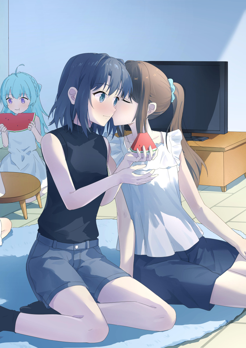 4girls, absurdres, adachi_sakura, adachi_to_shimamura, black_hair, black_skirt, black_socks, blue_eyes