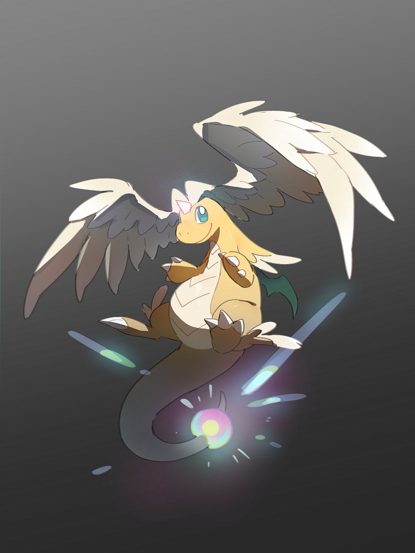 absurdres, aqua_eyes, claws, closed_mouth, dragonite, full_body, glowing, glowing_horns, grey_background, happy, highres, horns, lanjiujiu, mega_dragonite, no_humans, pokemon, pokemon_(creature), pokemon_focus, pokemon_legends:_z-a, smile, solo