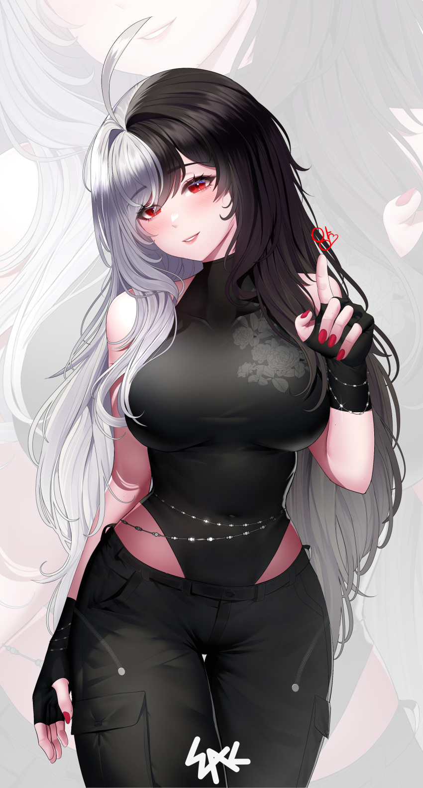 absurdres, ahoge, bare_shoulders, belly_chain, black_hair, black_pants, breasts, codename_rose