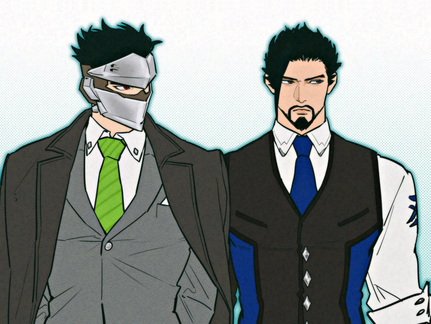 2boys, alternate_costume, ben-day_dots, black_eyes, black_hair, black_jacket, blue_necktie, brothers