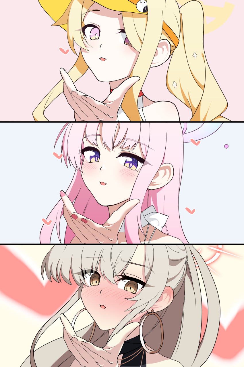 3girls, absurdres, amtkmituki, blonde_hair, blowing_kiss, blue_archive, blush, brown_hair
