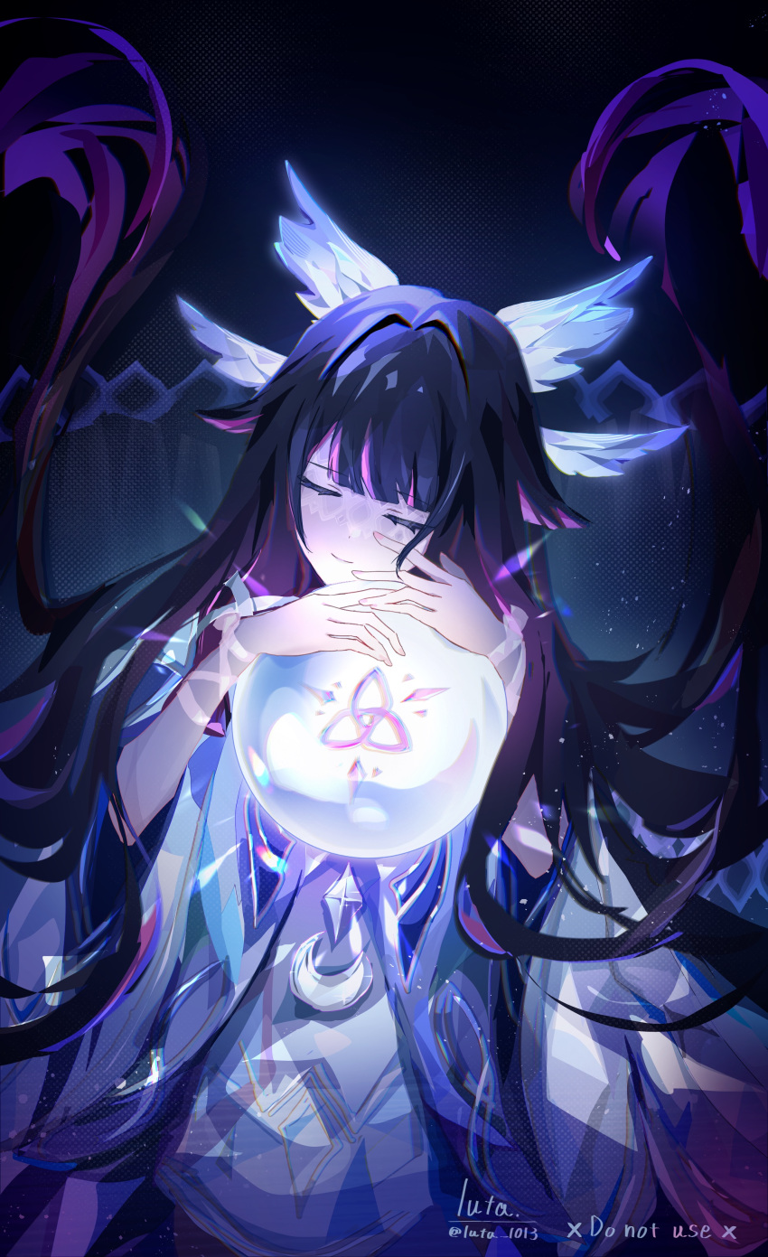 1girl, absurdres, artist_name, black_hair, closed_eyes, columbina_(genshin_impact), dark_background, dress