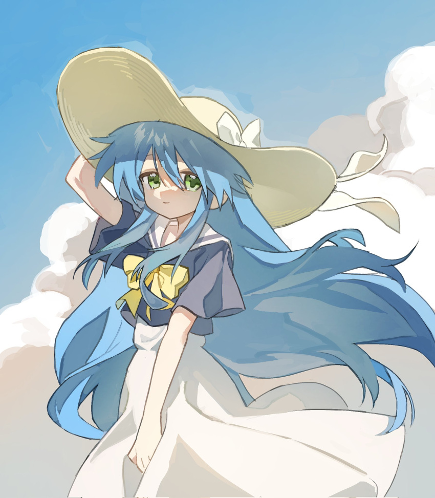 1girl, blue_hair, blue_shirt, bow, bowtie, clouds, cloudy_sky, floating_hair