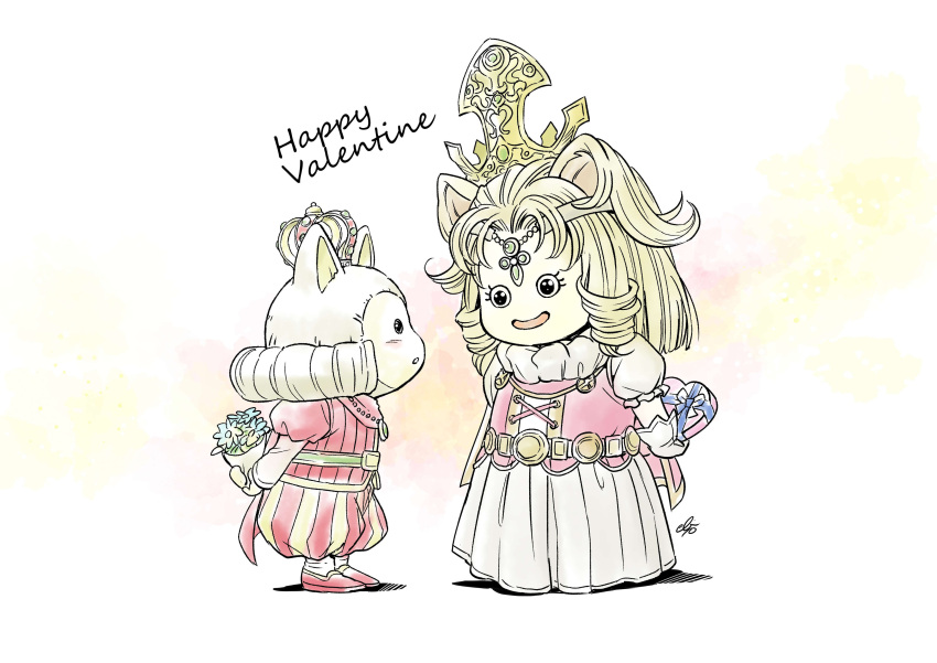 1boy, 1girl, absurdres, animal_ears, aruue, blonde_hair, bouquet, box, cape, circlet, commentary, cross-laced_clothes, cross-laced_dress, crown, curly_hair, dragon_quest, dragon_quest_x, dress, ebiten_(ebi10d), happy_valentine, heart-shaped_box, highres, holding, holding_behind_back, holding_bouquet, jewelry, mother_and_son, necklace, open_mouth, parent_and_child, pink_cape, prince, prince_laguas, profile, puff_and_slash_shorts, puffy_short_sleeves, puffy_sleeves, queen, red_shirt, red_shorts, shirt, short_sleeves, shorts, valentine, white_background, white_dress, white_hair, yellow_shorts