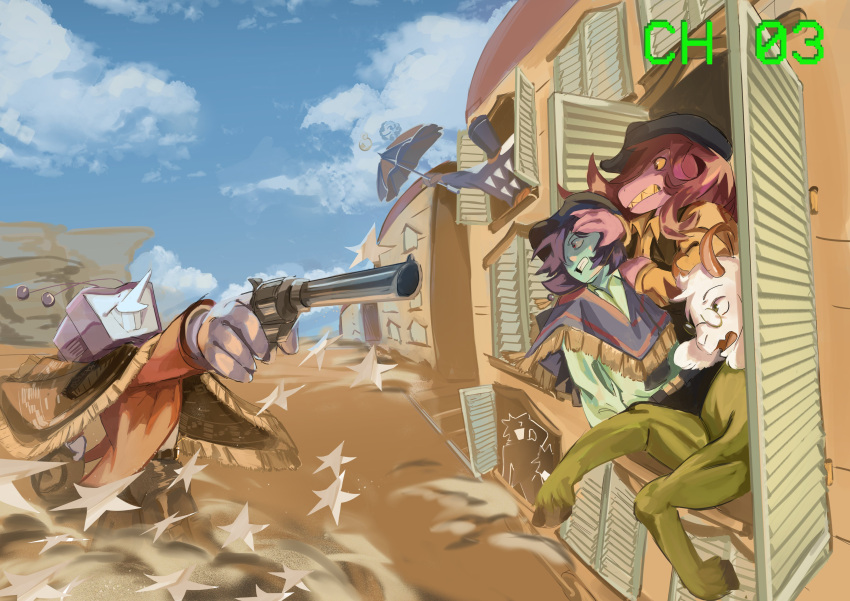 1girl, 1other, 4boys, absurdres, animal_ears, ant_tenna, black_hat, blue_hair, blue_sky, bluecherr1es, clenched_teeth, clouds, cowboy_western, day, deltarune, fringe-trimmed_capelet, fringe_trim, furry, furry_female, furry_male, glasses, gloves, goat_ears, goat_horns, gun, hat, highres, holding, holding_gun, holding_umbrella, holding_weapon, horns, kris_(dark_world)_(deltarune), kris_(deltarune), long_nose, multiple_boys, object_head, open_mouth, outstretched_arm, pointy_nose, ralsei, round_eyewear, shadowguy_(deltarune), short_hair, sky, star_(symbol), susie_(dark_world)_(deltarune), susie_(deltarune), teeth, television, umbrella, weapon, white_gloves, window, zapper_(deltarune)