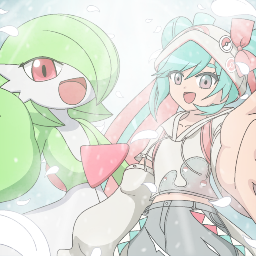 2girls, aqua_hair, bow, collarbone, commission, falling_petals, gardevoir, glorious_day_(vocaloid)