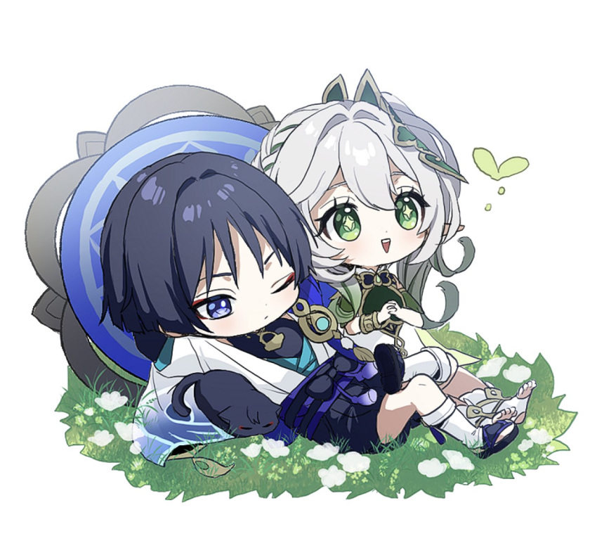 1boy, 1girl, animalization, aqua_gemstone, aqua_sleeves, armlet, arms_behind_head, arms_up
