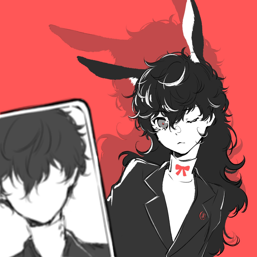 1boy, 1girl, absurdres, amamiya_ren, animal_ear_fluff, animal_ears, blazer, bow, bowtie, cellphone, closed_mouth, collared_jacket, crest, eyelashes, faceless, faceless_male, genderswap, genderswap_(mtf), greyscale, hair_between_eyes, highres, jacket, lapels, light_frown, long_hair, long_sleeves, looking_at_viewer, messy_hair, monochrome, notched_lapels, one_eye_closed, persona, persona_5, phone, qianyimuthyimu, rabbit_ears, red_background, red_bow, red_bowtie, red_pupils, school_uniform, shadow, shirt, simple_background, smartphone, spot_color, turtleneck, turtleneck_shirt, upper_body