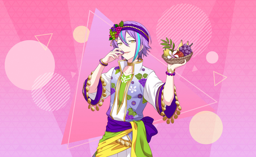 1boy, banana, blue_hair, bowl, circle, colorful_palette, food, fruit