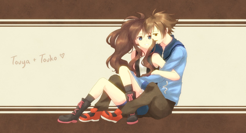 1boy, 1girl, antenna_hair, black_shoes, blue_eyes, blue_jacket, boots, brown_eyes