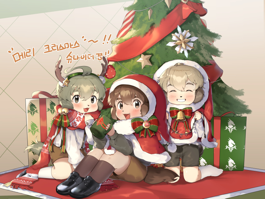 3boys, absurdres, animal_ears, blush, bow, box, capelet, christmas_ornaments