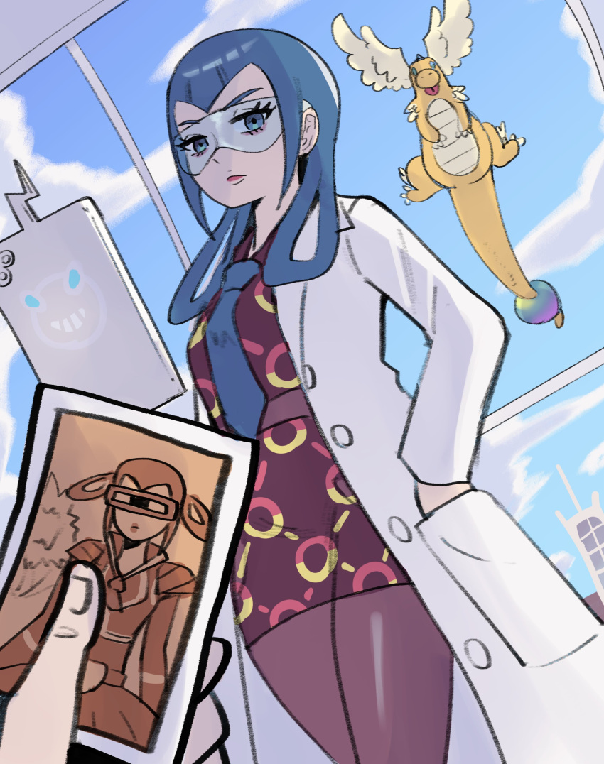 1girl, absurdres, blue_eyes, blue_hair, blue_necktie, coat, collared_dress, cowboy_shot
