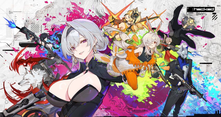 2boys, 5girls, animal_ears, bare_shoulders, blue_eyes, blue_hair, breasts, cynric_(trigger_of_fate_the_novita)