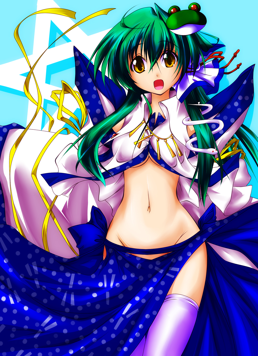 :d, :p, breasts, detached_sleeves, dress, green_hair, hair_ornament, hair_ribbon