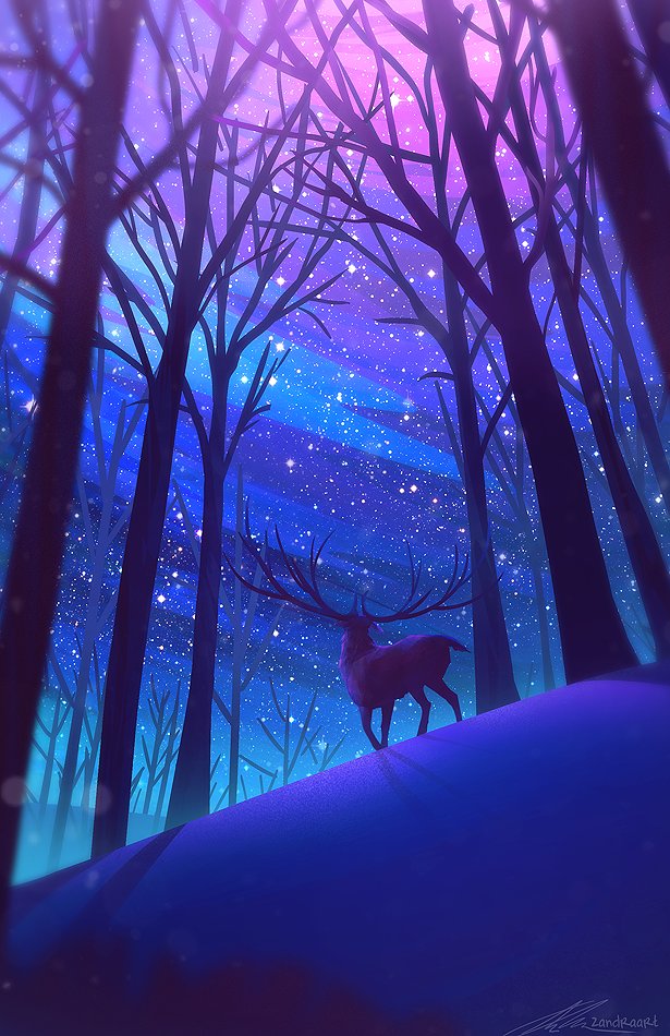 animal, artist_name, bare_tree, blurry, colorful, depth_of_field, facing_away, forest