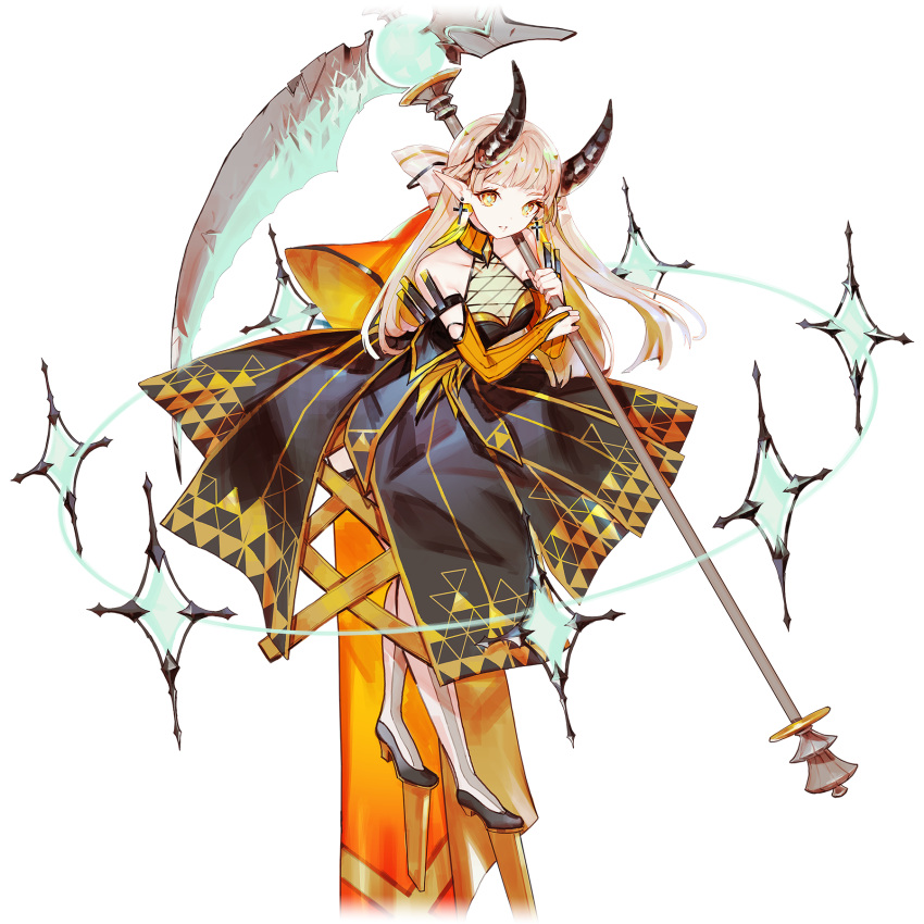 1girl, arcaea, arms_at_sides, back_bow, bare_shoulders, black_shoes, blonde_hair, bodice