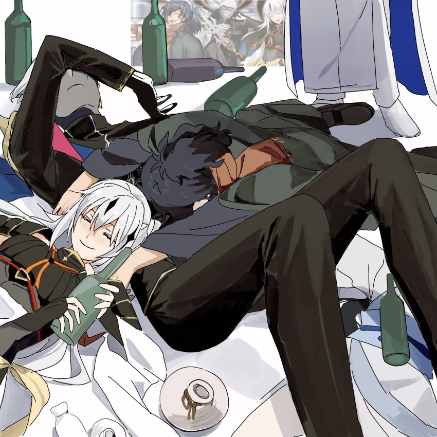 1girl, 3boys, arjuna_(fate), black_hair, bottle, closed_mouth, drunk, fainted