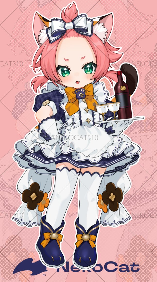 1girl, alternate_costume, animal_ear_fluff, animal_ears, blue_dress, blue_shirt, blush, bottle