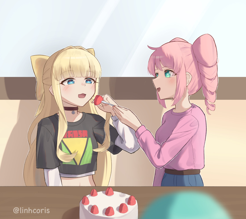 3girls, absurdres, aqua_eyes, birthday, black_choker, black_shirt, blonde_hair, blue_eyes
