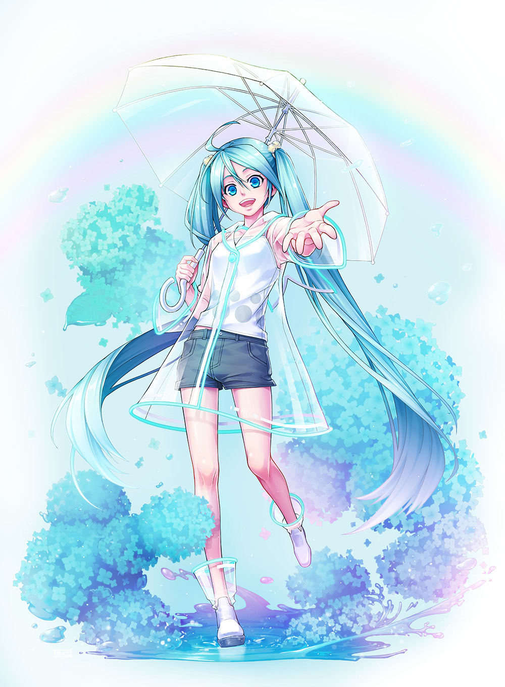1girl, ahoge, alternate_costume, blue_eyes, blue_flower, blue_hair, boots, camisole