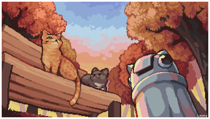 alt_text, animal, animal_focus, animated, animated_gif, bench, border, cat, commentary, commission, english_commentary, green_eyes, highres, lesma_(pixelesma), lying, no_humans, on_bench, orange_cat, original, outdoors, park, park_bench, pixel_art, sitting, sky, sunset, tabby_cat, tail, trash_can, tree, tuxedo_cat, white_border, wind