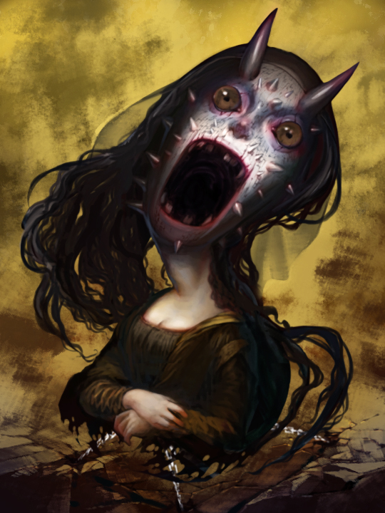 fine_art_parody, horns, horror, long_hair, missing_teeth, mona_lisa, monster, nightmare_fuel