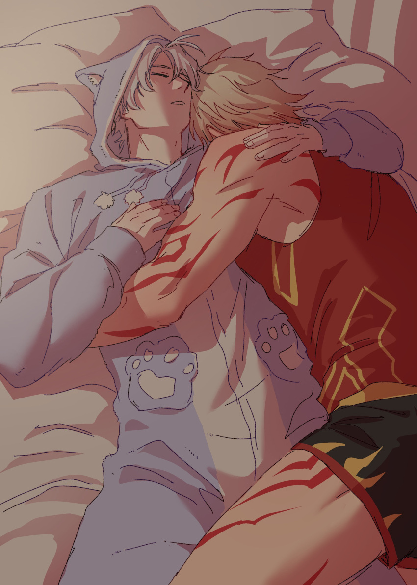 2boys, absurdres, alternate_costume, animal_ear_hood, animal_ears, bed, blonde_hair, body_markings