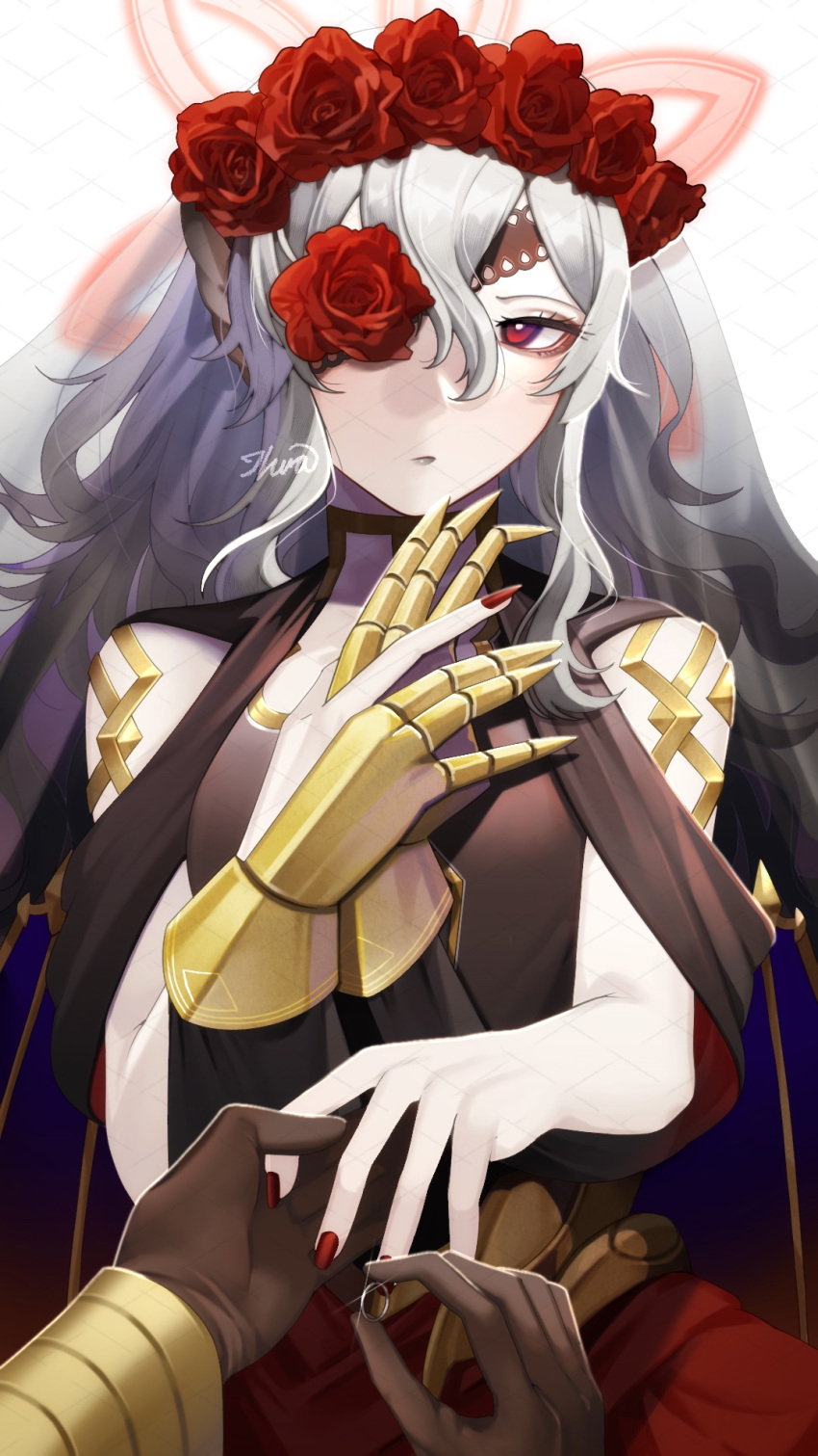 1girl, 1other, animal_ears, bat_ears, bat_girl, bride, dress, embla_(closed-off_bride)_(fire_emblem)