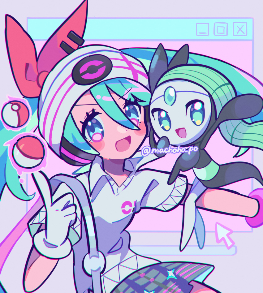 2girls, absurdres, aqua_eyes, aqua_hair, arm_up, beanie, black_dress, blush, dress, gloves, green_hair, grey_skirt, hat, hatsune_miku, headphones, highres, long_hair, meloetta, meloetta_(aria), multiple_girls, official_alternate_costume, official_alternate_hairstyle, open_mouth, plaid_clothes, plaid_skirt, poke_ball, poke_ball_print, pokemon, project_voltage, psychic_miku_(project_voltage), shirt, short_sleeves, skirt, smile, takenoko_mgrc, twintails, very_long_hair, vocaloid, white_gloves, white_shirt