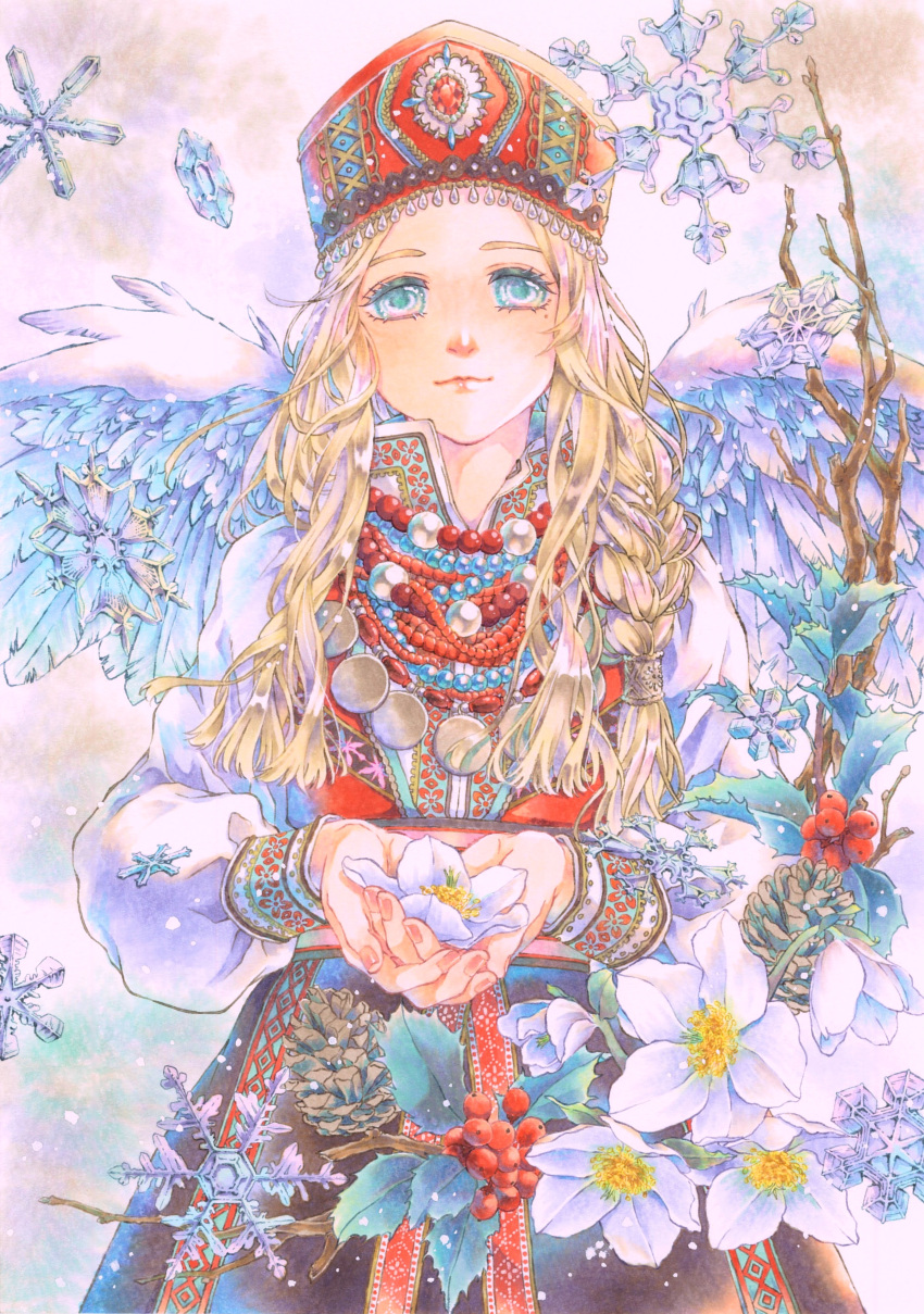 1girl, absurdres, angel, angel_wings, berry, blonde_hair, blue_eyes, braid