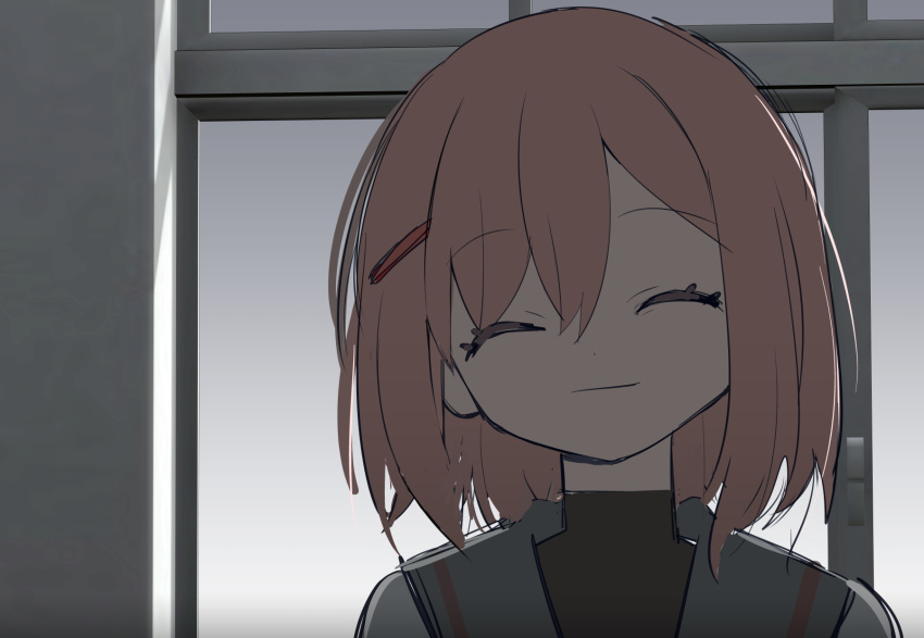 1girl, backlighting, black_undershirt, closed_eyes, closed_mouth, day, facing_viewer, grey_sailor_collar, hair_ornament, hairclip, highres, indoors, kokaki_mumose, nanado_nado_nado, overcast, pink_hair, sailor_collar, school_uniform, shirt, short_hair, sky, smile, solo, takayama_moe, turtleneck, turtleneck_shirt, window, wnidow